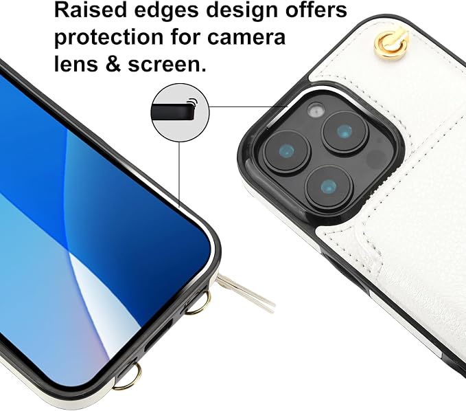 Bocasal Crossbody Wallet Case for iPhone 16 Pro Max, RFID Blocking Leather Purse Case with Card Holder, Protective Handbag Flip Cover with Zipper Wrist Strap Lanyard for Women 5G 6.9 Inch (White)