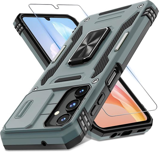 DEERLAMN Case for Samsung Galaxy A15 5G with Slide Camera Cover+Screen Protector (1 Pack), Rotated Ring Kickstand Military Grade Shockproof Protective Cover-Grey