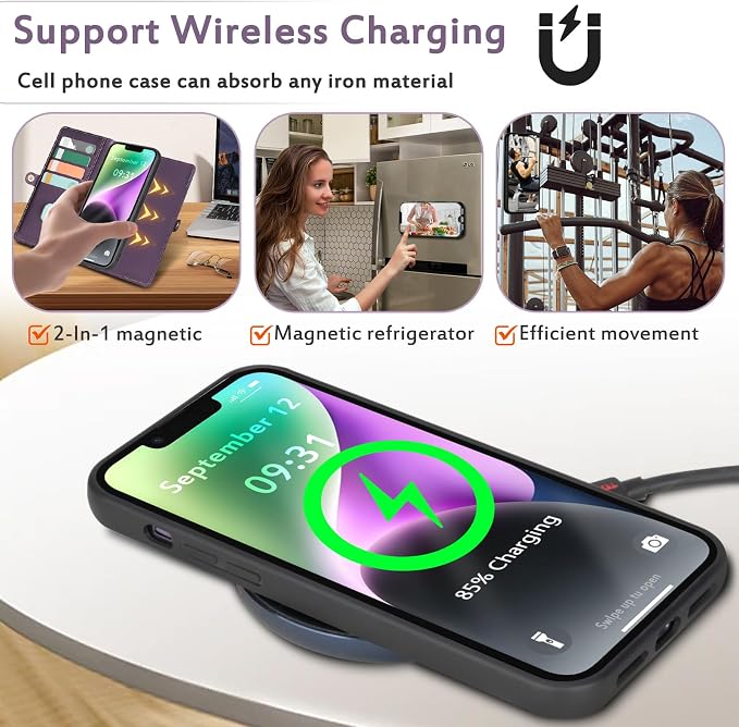 for Wallet Case Compatible with iPhone 14,Multi-Function Detachable 2 in 1 Magnetic iPhone 14 Case Wallet,Flip Strap Zipper Card Holder Phone Case with Shoulder Straps (Pruple)