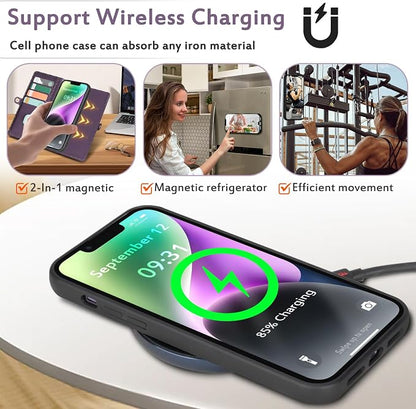 for Wallet Case Compatible with iPhone 14,Multi-Function Detachable 2 in 1 Magnetic iPhone 14 Case Wallet,Flip Strap Zipper Card Holder Phone Case with Shoulder Straps (Pruple)
