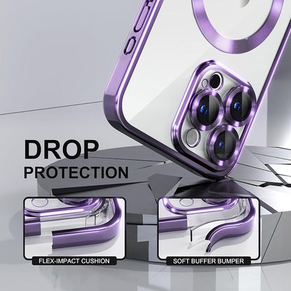 Misea Magnetic for iPhone 15 Pro Max Case with MagSafe [Never Yellowing] [Military Grade Drop Protection] Full Camera Lens Protector Plating Soft Clear Phone Case for Women Girls, Purple