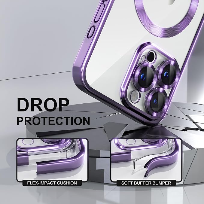 Misea Magnetic for iPhone 15 Pro Case Compatible with MagSafe [Never Yellowing] [Military Grade Drop Protection] Full Camera Lens Protector Plating Soft Clear Phone Case for Women Girls, Purple