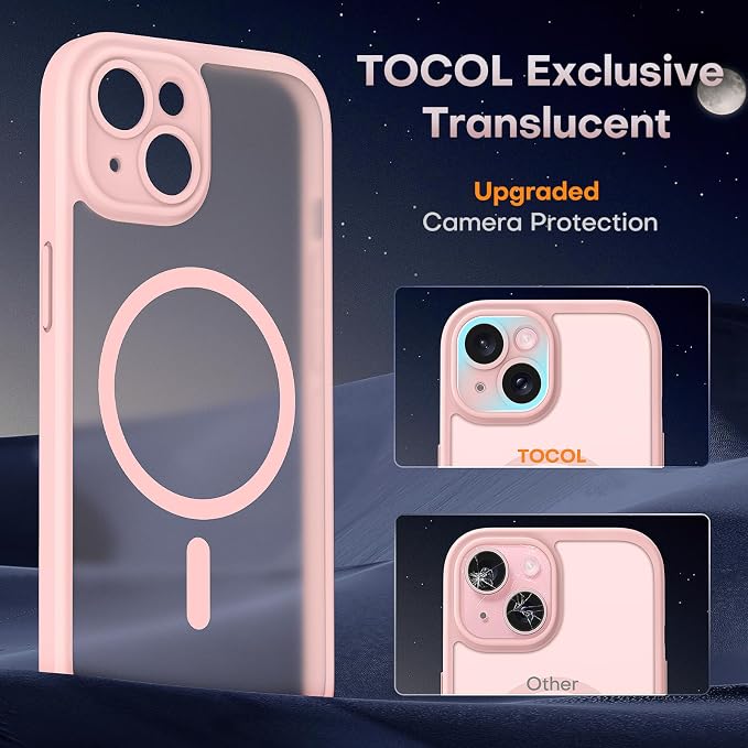 TOCOL Magnetic for iPhone 15 Case, Upgraded Full Camera Protection, Compatible with Magsafe, Drop Protection, Translucent Matte Back Bumper Phone Cover 6.1-Inch (Light Pink)