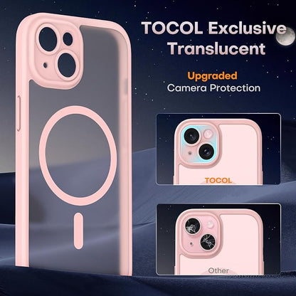 TOCOL Magnetic for iPhone 15 Plus Case, Upgraded Full Camera Protection, Compatible with Magsafe, Drop Protection, Translucent Matte Back Bumper Phone Cover 6.7-Inch (Light Pink)