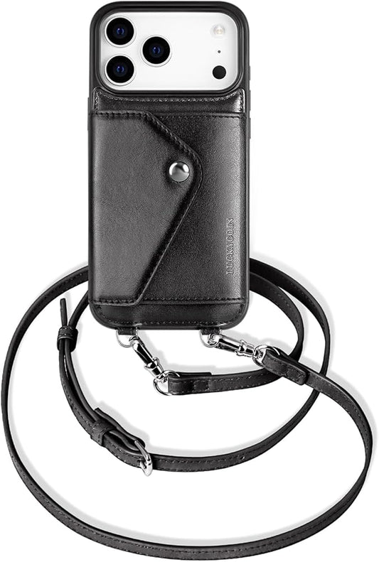 LUCKYCOIN for iPhone 17 Pro Max Crossbody Wallet Case – Genuine Leather Phone Purse with Adjustable Strap and Card Holder,Lanyard Phone Purse Case for Women,Vintage Black
