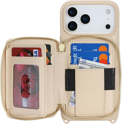 Crossbody Wallet Case for iPhone 17 Pro Max, PU Leather Zipper Handbag Purse Flip Cover, Kickstand Folio Case with Card Slots Holder Wrist Strap Lanyard 5G 6.9 Inch-White