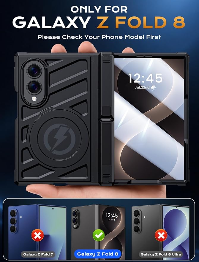 Protective Case for Samsung Galaxy Z Fold 8 5G 2026, Magnetic MagSafe Compatible, Full Hinge Protection, Dual Angle Kickstand, Shockproof Anti-Scratch TPU+PC Phone Cover Black