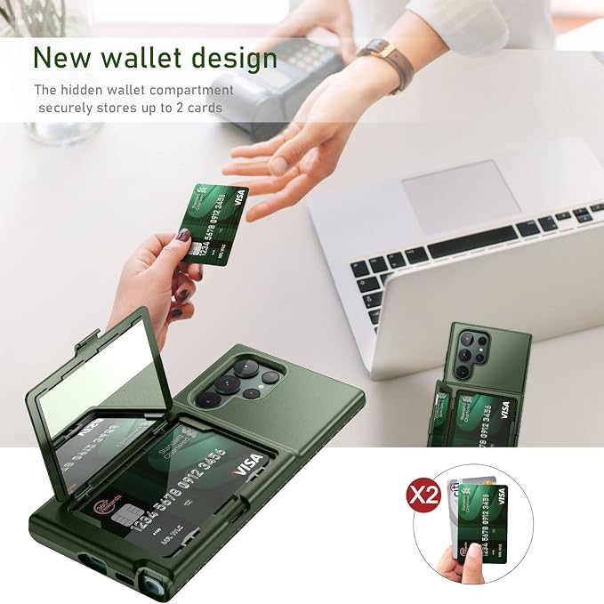 WeLoveCase for Samsung Galaxy S22 Ultra Wallet Case with Credit Card Holder & Hidden Mirror, All-Round Protection Shockproof Phone Cover Designed for Samsung Galaxy S22 Ultra, 6.8 Inch Green