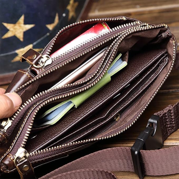 KPYWZER Vintage Leather Waist Bag Fanny Pack for Men Women Hip Bum Bag Belt Slim Cell Phone Purse Wallet Retro Crossbody Sling Pouch Brown