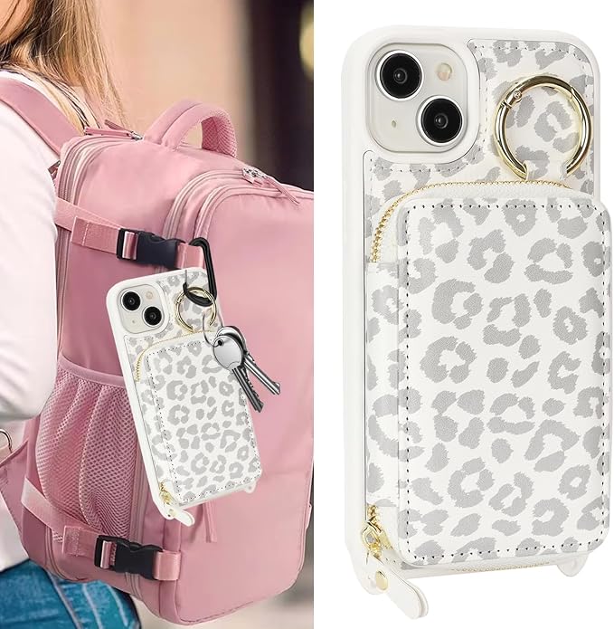 Crossbody Wallet Case for iPhone 14 Plus, PU Leather Zipper Handbag Purse Flip Cover, Kickstand Folio Case with Card Slots Holder Wrist Strap Lanyard 5G 6.7 Inch-White Leopard