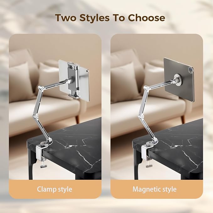 Tablet Stand for Desk, iPad Desk Mount, Magnetic Tablet Holder for Desk, Foldable Phone Arm Mount with 360° Adjustable Rotatable, Phone Holder iPad Stand Fits for 4.7-15.6" Screen (Sliver)