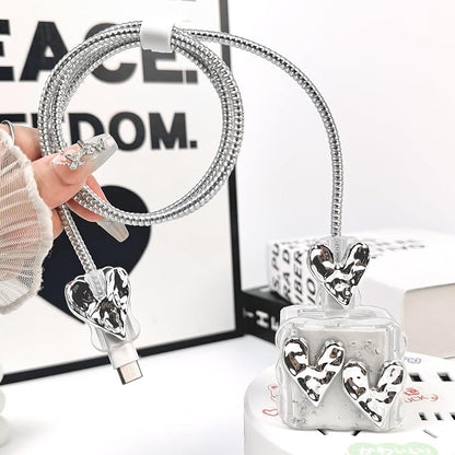 Lovmooful Compatible for iPhone 18W/20W USB-C Charger Cover Clear Lovely 3D Love Heart Waves Design Soft Charger Protector Cute Cable Case Saver Protector for Girls Women-Silver Heart