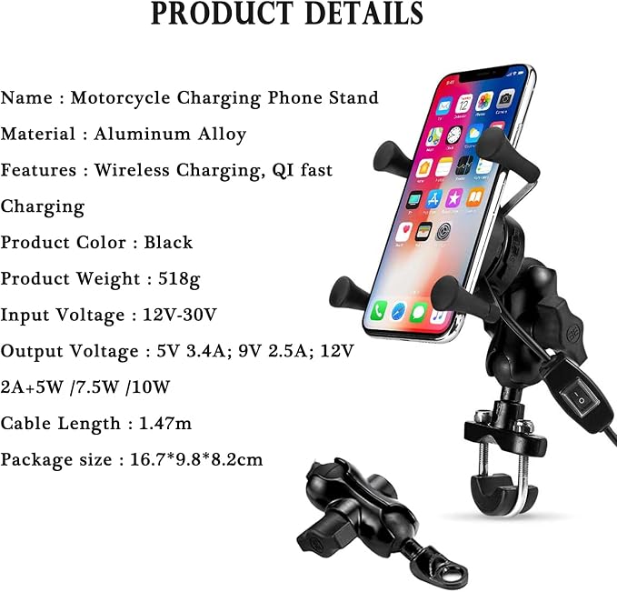 15W Fast Charging Adapter, Wireless Qi Motorcycle Phone Holder with 4 Jaw Mechanical Locking, 360° Rotating Aluminum Alloy, Compatible with 3-7 inch Smartphones