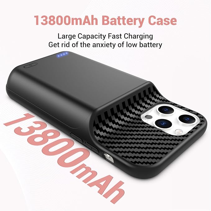 13800mAh High Capacity Battery Case for iPhone 14 Pro (6.1 inch), 2025 Upgraded Battery Pack Rechargeable Charger External Charging Case with Tempered Glass Screen Protector Black