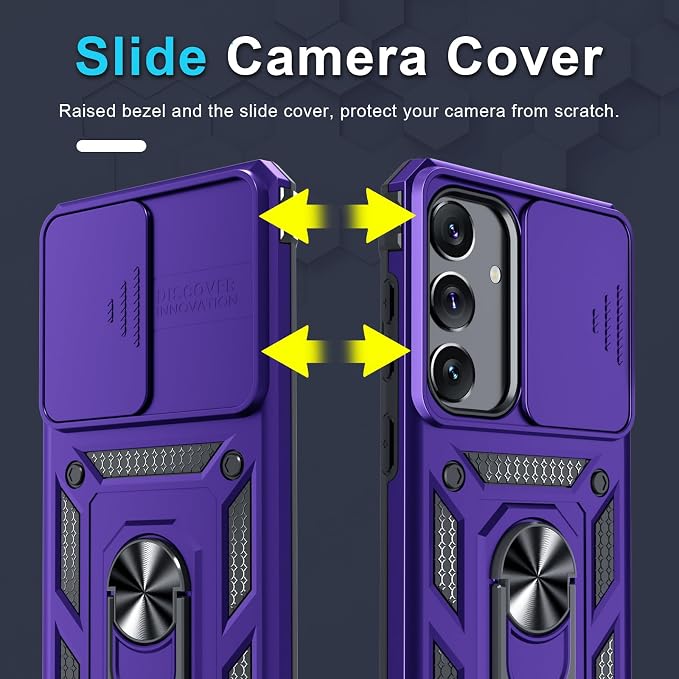 Janmitta Compatible with Samsung Galaxy S25 Plus/S24 Plus Case Built in Slide Camera Lens Cover+Screen Protector+Finger Ring Holder Kickstand,Heavy Duty Shockproof Full Body Phone Cover,Purple