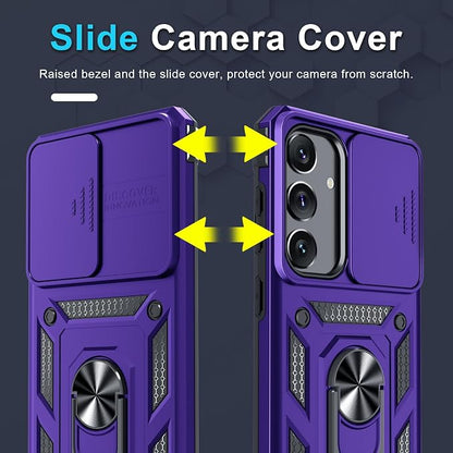 Janmitta Compatible with Samsung Galaxy S25 Plus/S24 Plus Case Built in Slide Camera Lens Cover+Screen Protector+Finger Ring Holder Kickstand,Heavy Duty Shockproof Full Body Phone Cover,Purple