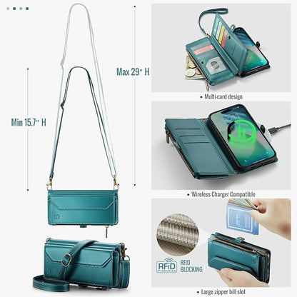 Strapurs Wallet Case Compatible with iPhone Air 6.5" RFID Blocking 10-Card Holder Soft PU Leather Magnetic Snap Shoulder Strap Zipper Pocket Phone Case Fit for iPhone 17 Air for Women - Blue Green