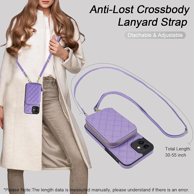 Bocasal Crossbody Wallet Case for iPhone 12/12 Pro, RFID Blocking PU Leather Zipper Handbag Purse Flip Cover, Kickstand Folio Case with Card Slots Holder Wrist Strap Lanyard 5G 6.1 Inch (Purple)