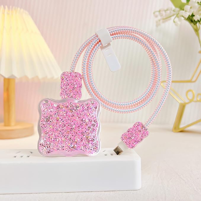 Cute Phone Charger Storage Case Set, Glitter Bling Electronic Organizer with Cable Protector, Soft Data Cable Saver, Charger Case (Pink)