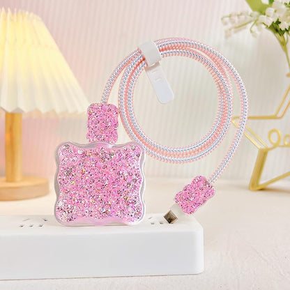 Cute Phone Charger Storage Case Set, Glitter Bling Electronic Organizer with Cable Protector, Soft Data Cable Saver, Charger Case (Pink)