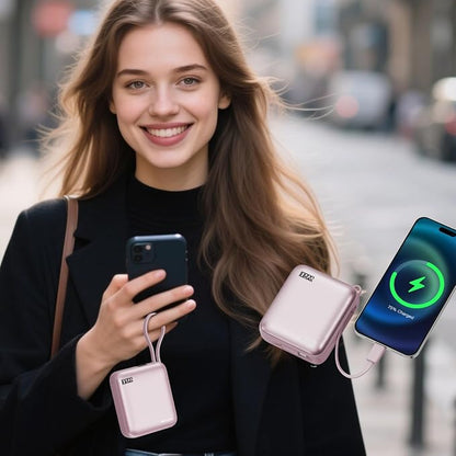 10000mAh Small Portable Charger with Built in Cables LED Display Pink | Mini Power Bank 22.5W USB-C Fast Charging Battery Pack, Travel Essential Power Bank for iPhone, iPad, Samsung, Android