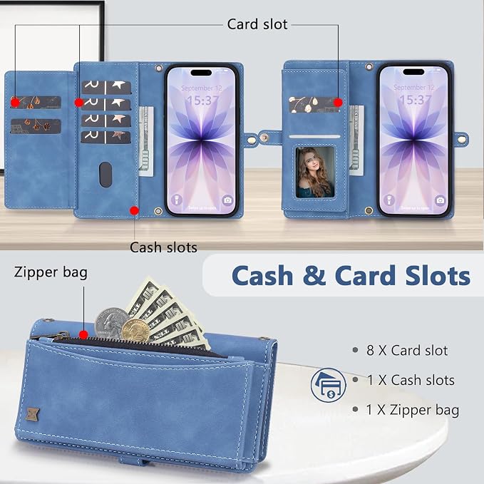 Wallet Case for iPhone 17 with Card Holder/Crossbody Wallet/Strap,[RFID Blocking][Magnetic] PU Leather Phone Case for iPhone 17,6.3 in,Dream Sky Blue