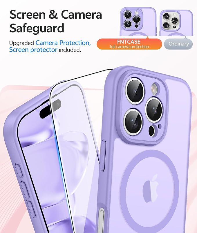 FNTCASE for iPhone 16 Pro Case: [Compatible with Magsafe] Translucent Matte Cases with [Full Camera Protection] [Screen Protector] Military Grade Shockproof Protective Phone Cover - Light Purple