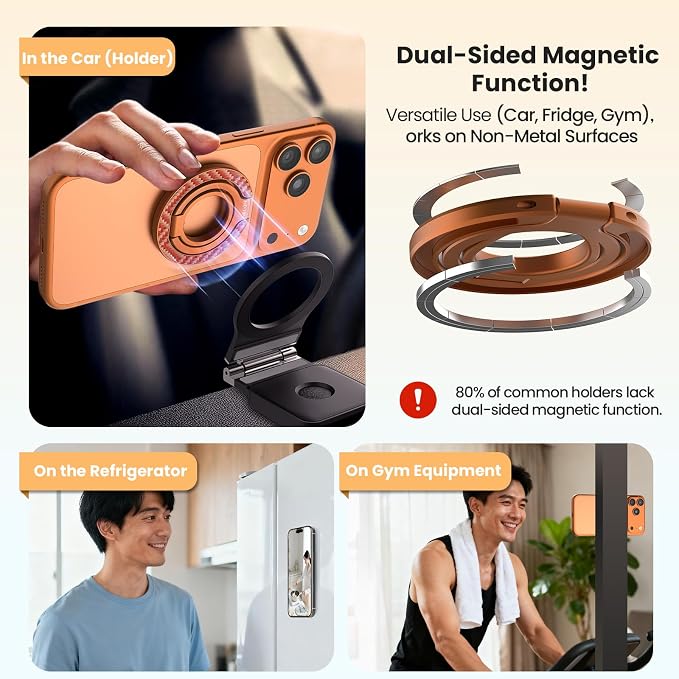 Nillkin FiberSnap Magnetic Phone Grip Ring Stand, Removable Phone Holder with Expanding Grip and Adapter Ring for MagSafe,360 Rotation Adjustable Kickstand for iPhone 16 Pro 15,14,13,12,11 (Orange)