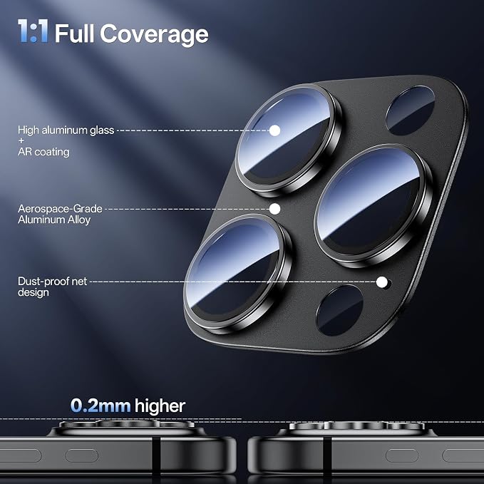 Camera Lens Protector for iPhone 16 Pro Max/iPhone 16 Pro-Single Piece,Ultra Thin Aluminum Alloy Frame,9H Dual-Strength Glass with 99% AR Light Transmittance,Case Friendly,Black Titanium