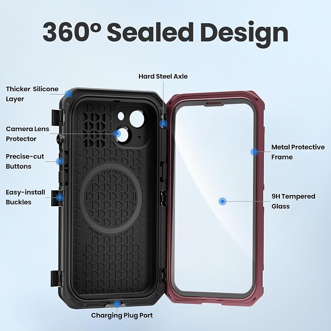 Mitywah for iPhone 14 Case with Buckle, IP68 Waterproof Military Metal Case with Built-in Screen and Camera Protector, Heavy Duty Full Body Drop Proof Shockproof Phone Cover 6.7 inch, Red