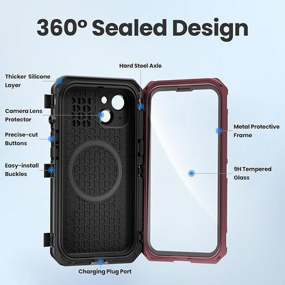 Mitywah for iPhone 14 Case with Buckle, IP68 Waterproof Military Metal Case with Built-in Screen and Camera Protector, Heavy Duty Full Body Drop Proof Shockproof Phone Cover 6.7 inch, Red