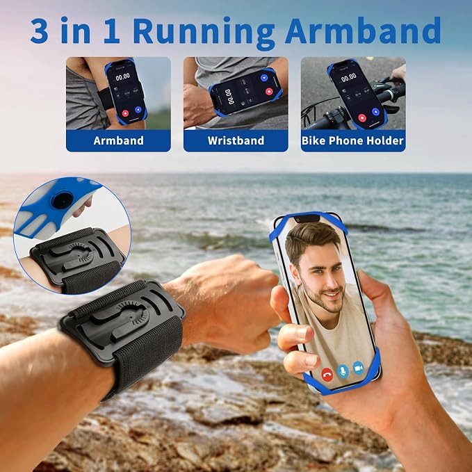 3in1 Phone Holder for Running,Arm Band/Wrist Holder/Bike Mount,Phone Armbands 360° Rotation & Detachable Fit All 4.5-7" Phone for iPhone 17/16/15/Pro/14/13/12/mini/Pro Max/XS/XR (Blue)