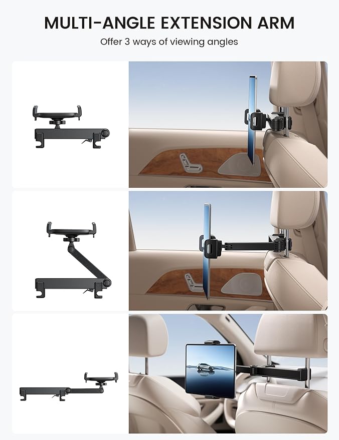 Lamicall Car Headrest Tablet Holder - [Lockable] [3 in 1 Extension Arm] Upgrade Tablet Mount for Car Backseat, Gifts Road Trip Essentials for Kids, for iPad Pro, Air, Mini, Fire HD, 4.7-13" Tablets