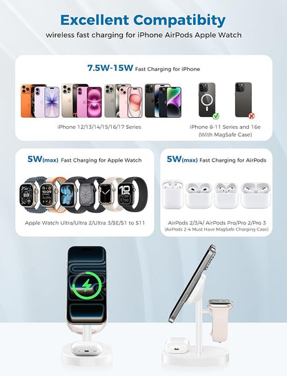 2026 3 in 1 Wireless Charging Station for Apple MagSafe Charger, 15W Fast Mag-Safe Charger Stand for iPhone 17 16 15 14 13 12 17e Apple Watch AirPods Compatible with MagSafe, White