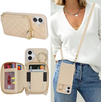 Crossbody Wallet Case for iPhone 17, PU Leather Zipper Handbag Purse Flip Cover, Kickstand Folio Case with Card Slots Holder Wrist Strap Lanyard 5G 6.3 Inch-White