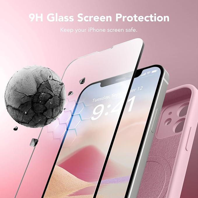 Magnetic for iPhone 12 Case, Compatible with MagSafe, [Full Camera Protection][Screen Protector] Silicone Shockproof Protective Phone Case for iPhone 12 6.1", Chalk Pink