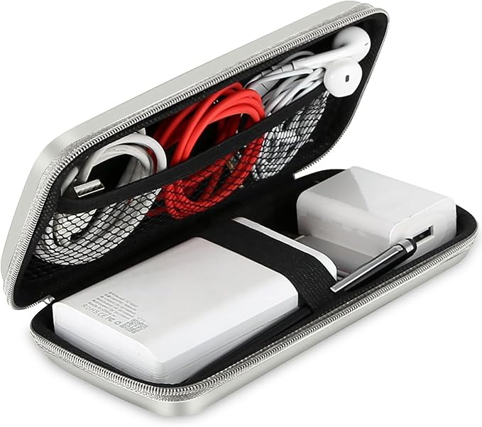 iMangoo Travel Essential Electronics Organizer Pouch Charger Case, Shockproof Dual Zipper Power Bank Cables Tech Accessories Purse, Men & Women Travel Must Have Storage Bag, 6.5x3.2x1 inch Silver