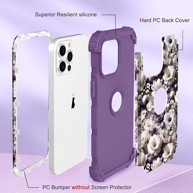 Hocase for iPhone 14 Pro Max Case, Heavy Duty Shockproof Protection Soft Silicone Rubber+Hard Plastic Bumpers Hybrid Protective Case for iPhone 14 Pro Max 2022 - White Flowers