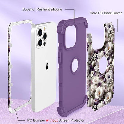Hocase for iPhone 13 Pro Max Case, Heavy Duty Shockproof Protection Soft Silicone Rubber Bumper+Hard Plastic Hybrid Protective Case for iPhone 13 Pro Max (6.7") 2021 - White Flowers