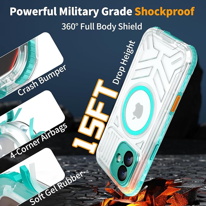 for iPhone 16 Waterproof Case, Compatible with MagSafe, IP68 Built-in Camera Control, Military Shockproof & Screen Protector for Water Sports, 6.1 Inch Frosted Teal