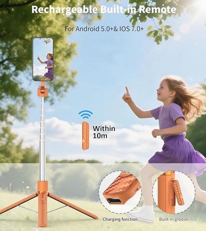 TONEOF 68" Magnetic Selfie Stick Tripod with Aluminum Strong Magnetic Holder for Magsafe, 360° Rotatable Travel Phone Tripod Stand with Metal Ring & Rechargeable Remote for iPhone/Android（Orange）