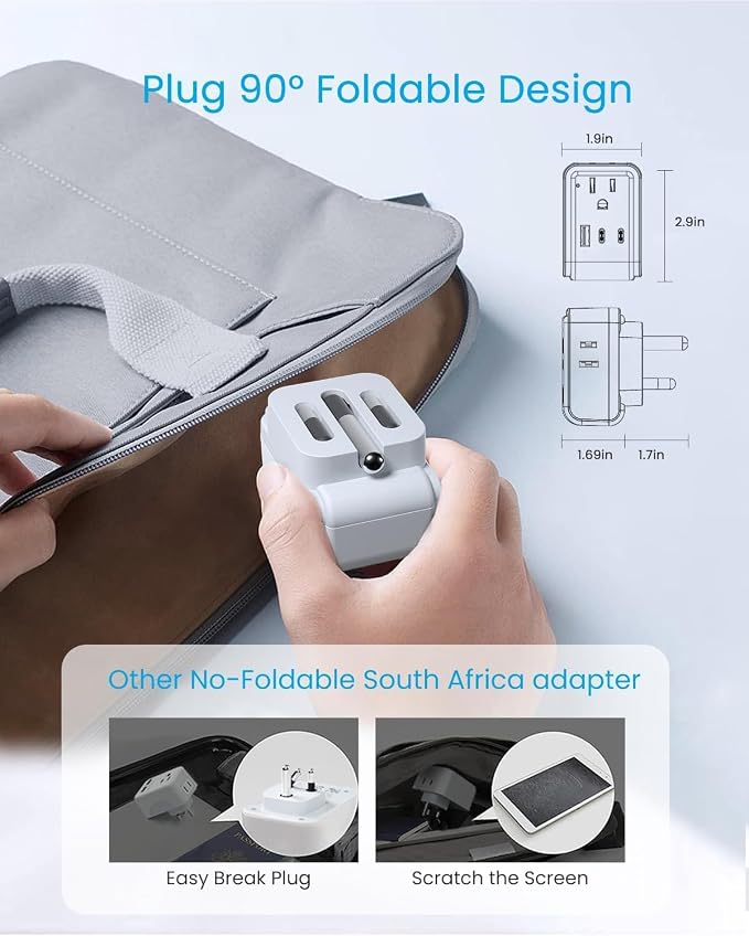 2 Pack South Africa Plug Adapter, VINTAR Foldable Type M Power Adaptor with 4 AC Outlets 3 USB Ports(2 USB C), Travel Essentials for US to Bhutan Namibia Nepal Malaysi