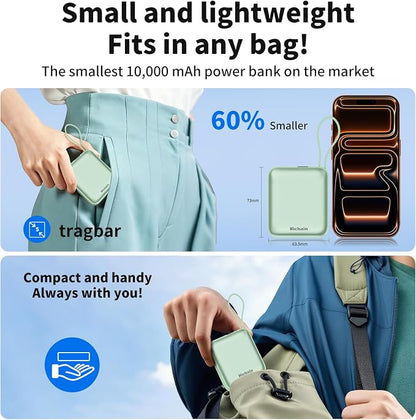 Hichain Portable Charger with Dual Built-in Cables 10000mAh Small Power Bank 22.5W Fast Charging Mini Powerbank LED Display Travel Essential Battery Pack for iPhone 17 16 15 14 13 All Series Green