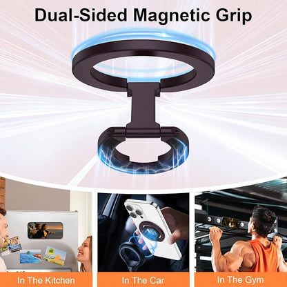 Magnetic Phone Ring Stand for MagSafe Dual-Side Magnetics Phone Grip Holder Gym Adjustable Kickstand Finger Ring Grip for iPhone 17/16/15/14/13/12 Series MagSafe Case, Compatible Magnetic Car Mount