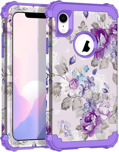 Hocase for iPhone XR Case, Heavy Duty Shockproof Protection Soft Silicone Rubber+Hard Plastic Bumper Hybrid Dual Layer Protective Case for iPhone XR (6.1-inch Display) 2018 - Lavender Flowers