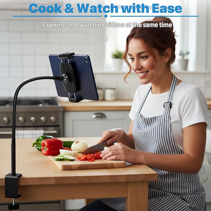 Tablet Stand Holder for Desk, Gooseneck iPad Holder Clamp Mount, 360° Adjustable Arm Mount for iPad mini/Air/Pro、Kindle Fire, Galaxy Tabs, All 4.7"-13.5" Tablets, for Work Meetings, Video, Kitchen