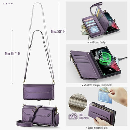 Strapurs Crossbody Wallet Case Compatible with Samsung Galaxy S22 Ultra 5G RFID Blocking 10-Card Holder Soft PU Leather Magnetic Snap Strap Zipper Pocket Phone Case Fit for Galaxy S22 Ultra - Purple