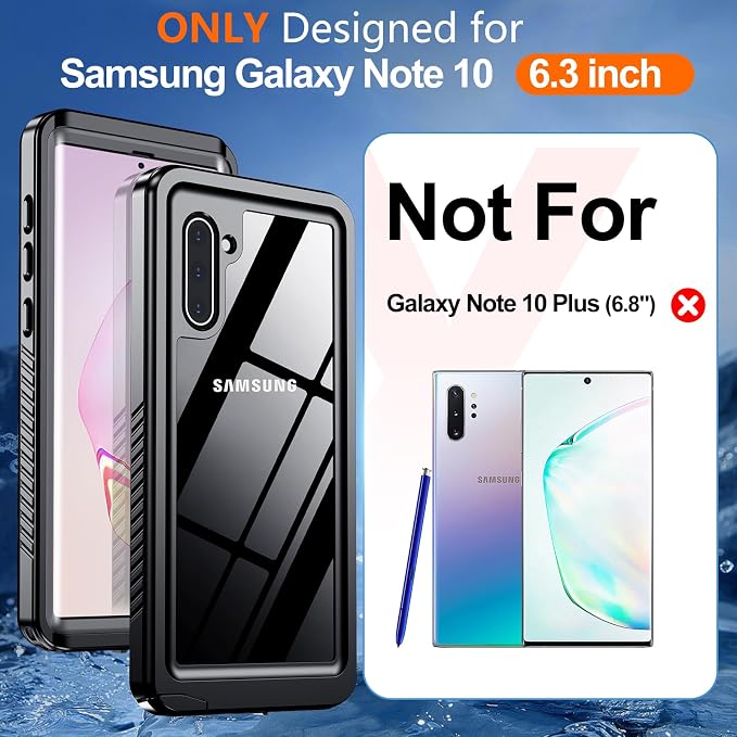 Hualele for Samsung Galaxy Note 10 Case Waterproof, Built in Lens & Screen Protector Rugged Full Body Heavy Duty Protective Military Grade IP68 Underwater Cover Case for Galaxy Note 10 Black