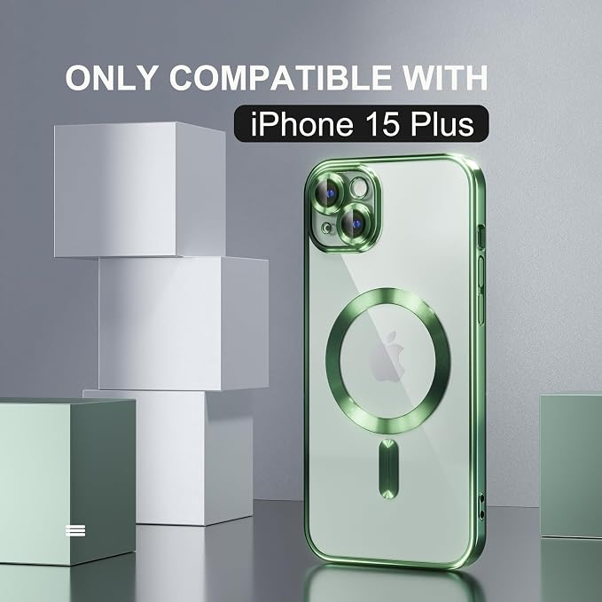 Misea Magnetic for iPhone 15 Plus Case Compatible with MagSafe [Never Yellowing] [Military Grade Drop Protection] Full Camera Lens Protector Plating Soft Clear Phone Case for Women, Green