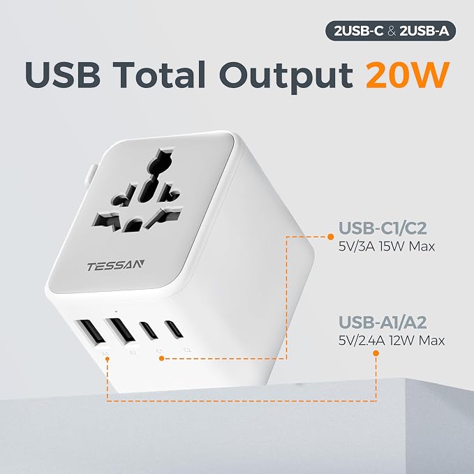 TESSAN Universal Travel Adapter, International Power Adapter | 2 USB C 2 USB A Ports, Travel Plug Adaptor Worldwide for US to Europe UK Italy Ireland Australia France Germany, Type C G A I